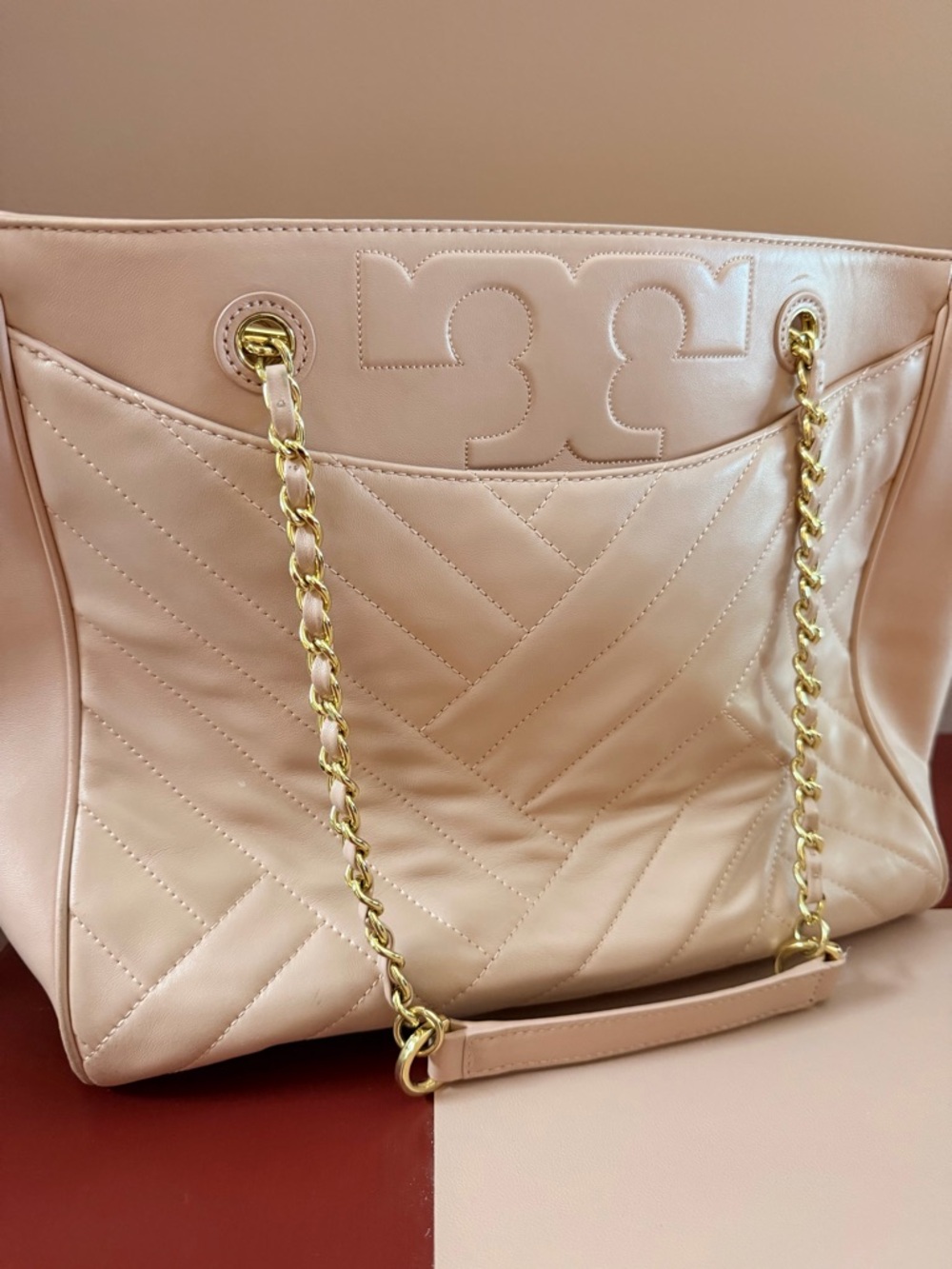 Tory Burch Soft Pink Quilted Chain-Handle Tote Bag